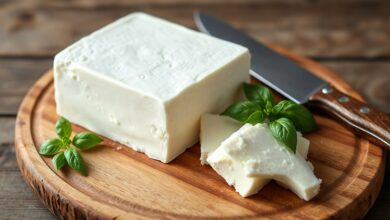 Um bloco de queijo caseiro branco, com a superfície lisa e uniforme, fatiado para revelar uma textura macia e homogênea. Servido sobre uma tábua de madeira rústica.