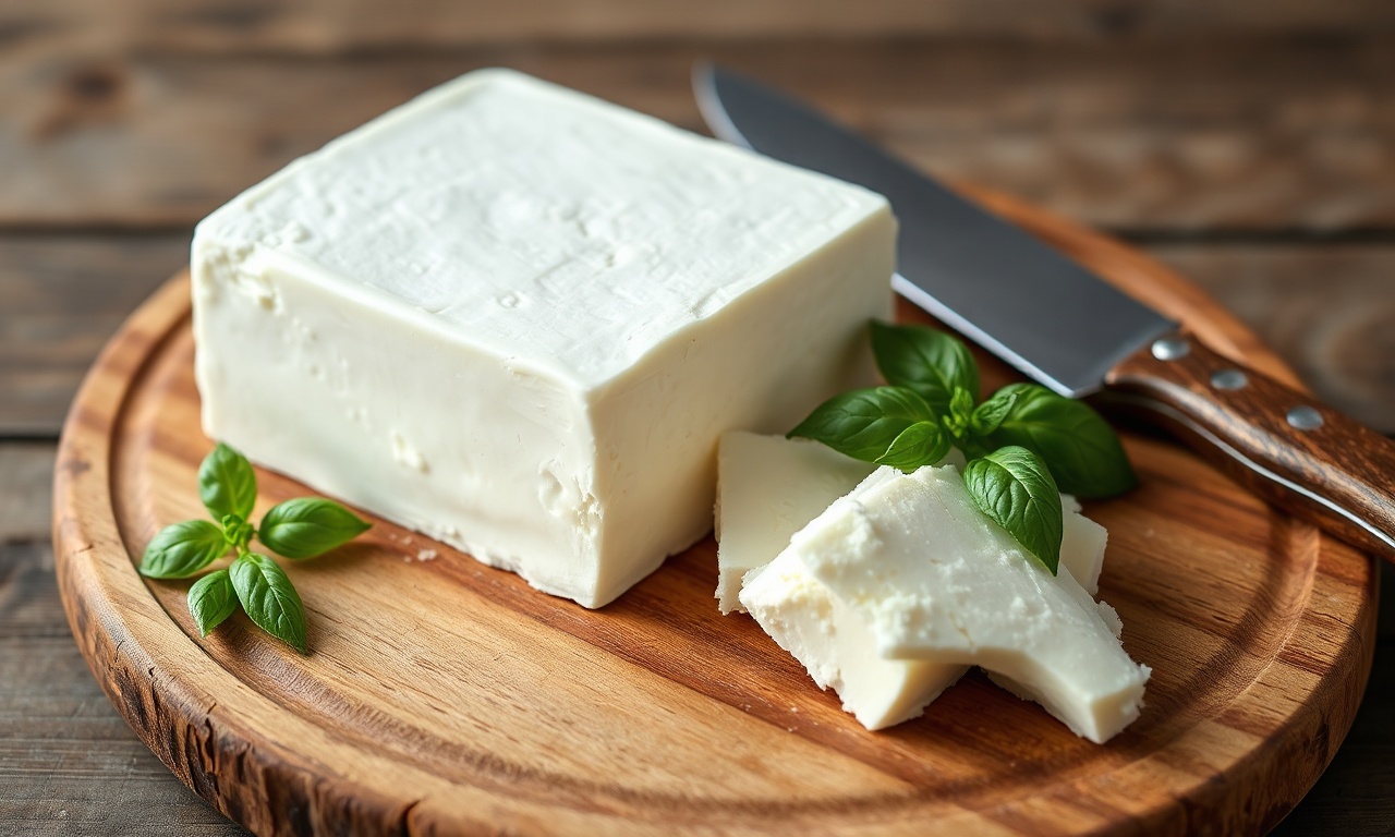 Queijo Caseiro Fácil Em 40 Minutos Com 4 Ingredientes 3 Um bloco de queijo caseiro branco, com a superfície lisa e uniforme, fatiado para revelar uma textura macia e homogênea. Servido sobre uma tábua de madeira rústica.