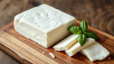 Um bloco de queijo caseiro branco e firme, fatiado com elegância sobre uma tábua de madeira rústica, pronto para servir.