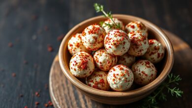 Pequenas bolinhas de queijo artesanal cobertas por uma crosta de temperos, prontas para serem servidas como petisco.