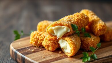 Bastões dourados de queijo coalho com casca crocante e interior derretido, prontos para servir.
