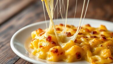 Prato individual com queijo dourado e borbulhante, recém-saído do micro-ondas, com textura crocante e cor perfeita.