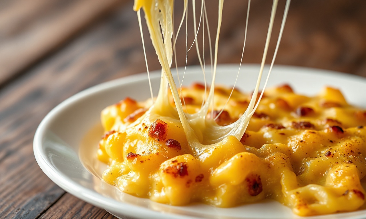 Prato individual com queijo dourado e borbulhante, recém-saído do micro-ondas, com textura crocante e cor perfeita.