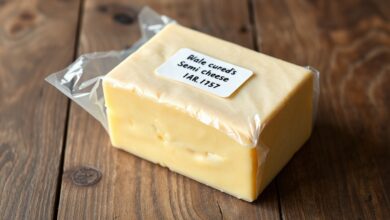 Um bloco de queijo meia cura amarelo-pálido, perfeitamente embrulhado em papel manteiga natural e coberto com filme plástico transparente brilhante. Um rótulo com a data está visível, sobre uma superfície de madeira rústica.
