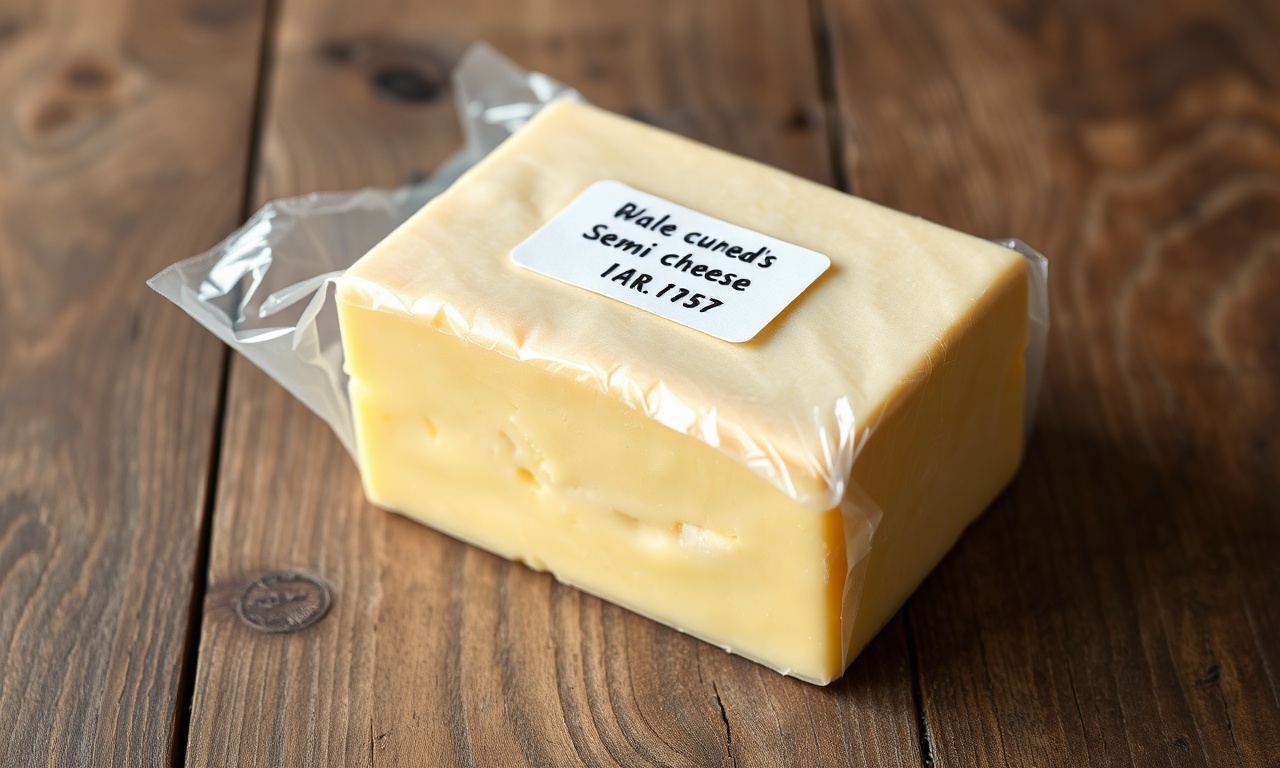 Como Conservar Queijo Meia Cura Na Geladeira E Freezer 3 Um bloco de queijo meia cura amarelo-pálido, perfeitamente embrulhado em papel manteiga natural e coberto com filme plástico transparente brilhante. Um rótulo com a data está visível, sobre uma superfície de madeira rústica.