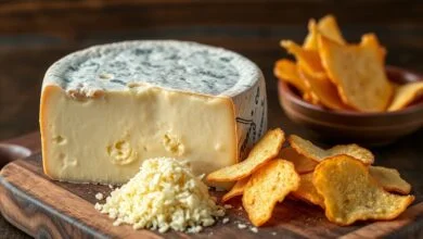 Apresentação elegante de um pedaço de queijo parmesão com lascas tostadas e ralado fino, demonstrando suas múltiplas formas de uso.