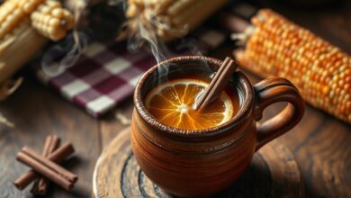 Uma caneca de barro fumegante com a bebida escura e aromática, decorada com especiarias.
