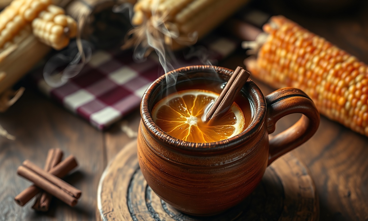 Uma caneca de barro fumegante com a bebida escura e aromática, decorada com especiarias.