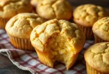 Muffins de milho perfeitamente dourados, com topo rachado e miolo úmido, servidos em um pano de prato xadrez.