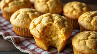 Muffins de milho perfeitamente dourados, com topo rachado e miolo úmido, servidos em um pano de prato xadrez.