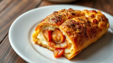 O quibe de forno fatiado, expondo o recheio derretido de muçarela e presunto, com fatias de tomate douradas sobre a superfície.