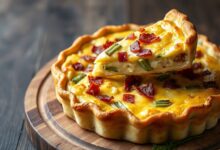 A quiche inteira, dourada e firme, com o recheio cremoso salpicado de bacon e alho-poró, pronta para ser fatiada.