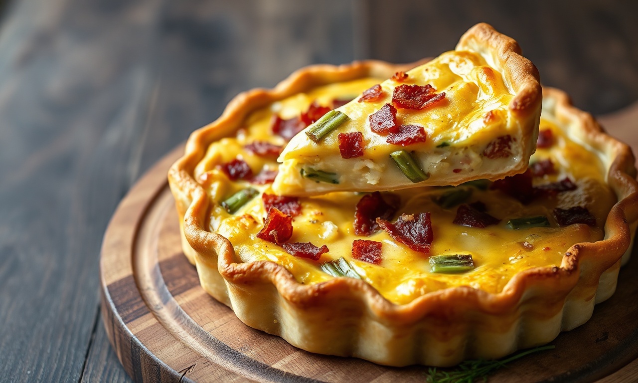 A quiche inteira, dourada e firme, com o recheio cremoso salpicado de bacon e alho-poró, pronta para ser fatiada.