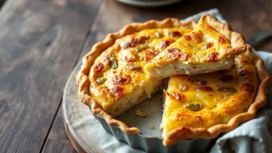 Uma quiche de alho-poró perfeitamente dourada, com o recheio cremoso e firme, fatiada para mostrar o interior.