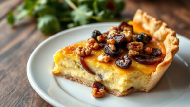 Uma fatia generosa de quiche com massa dourada e quebradiça, recheio cremoso amarelado, coberta por cebolas caramelizadas escuras e nozes tostadas.
