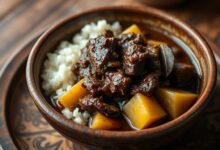 Carne desfiada em molho escuro com pedaços de mandioca dourada, servida em prato de cerâmica rústico