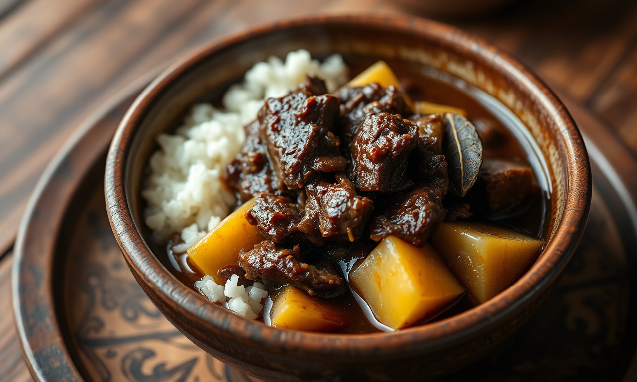 Carne desfiada em molho escuro com pedaços de mandioca dourada, servida em prato de cerâmica rústico