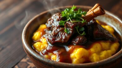Prato fundo com polenta mole amarela servindo de base para pedaços suculentos de rabada e agrião.
