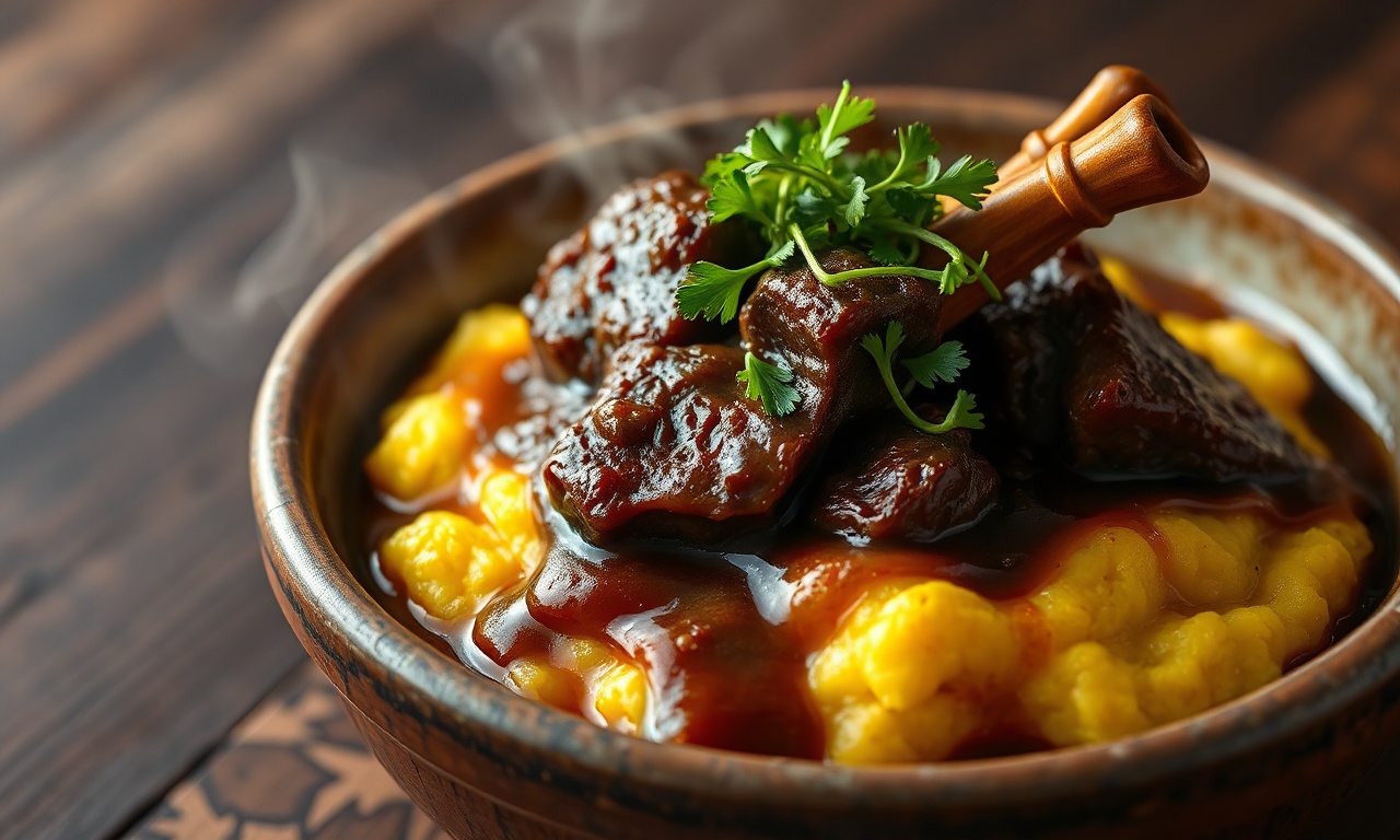 Prato fundo com polenta mole amarela servindo de base para pedaços suculentos de rabada e agrião.