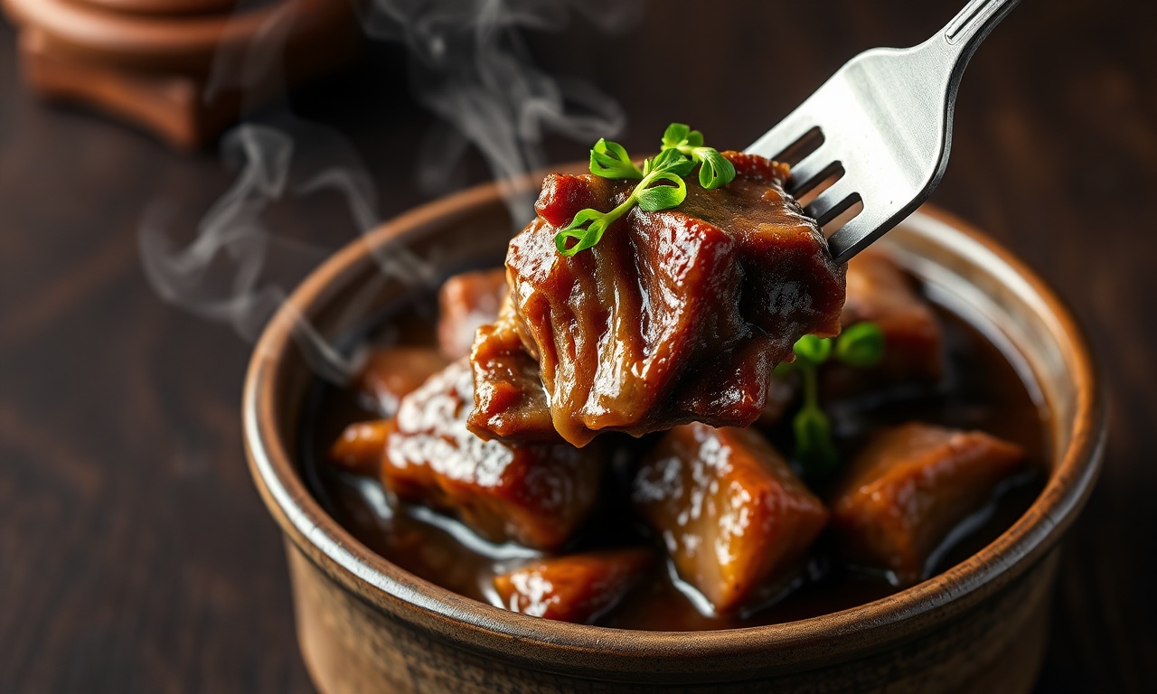 Rabada De Boi Macia E Sem Cheiro Forte: Receita Completa 3 Rodelas de rabada de boi douradas e macias, banhadas em molho encorpado escuro, finalizadas com agrião fresco vibrante, servidas sobre prato de cerâmica rústico