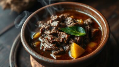 Um prato rústico de barro com rabada desfiada em um caldo denso e aromático de tucupi, guarnecido com folhas vibrantes de jambu.