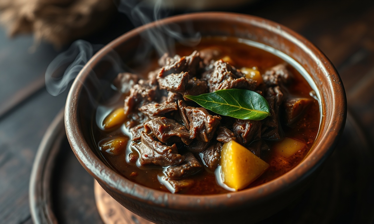 Um prato rústico de barro com rabada desfiada em um caldo denso e aromático de tucupi, guarnecido com folhas vibrantes de jambu.