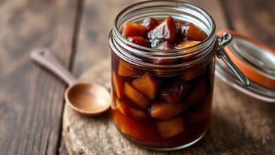 Pote de vidro transparente com recheio cremoso de cor caramelo escuro, com pedaços de ameixa visíveis, colher de madeira ao lado.