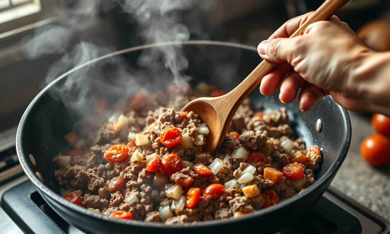 Carne moída sendo refogada com cebola e tomate em panela, sendo mexida com colher de madeira.