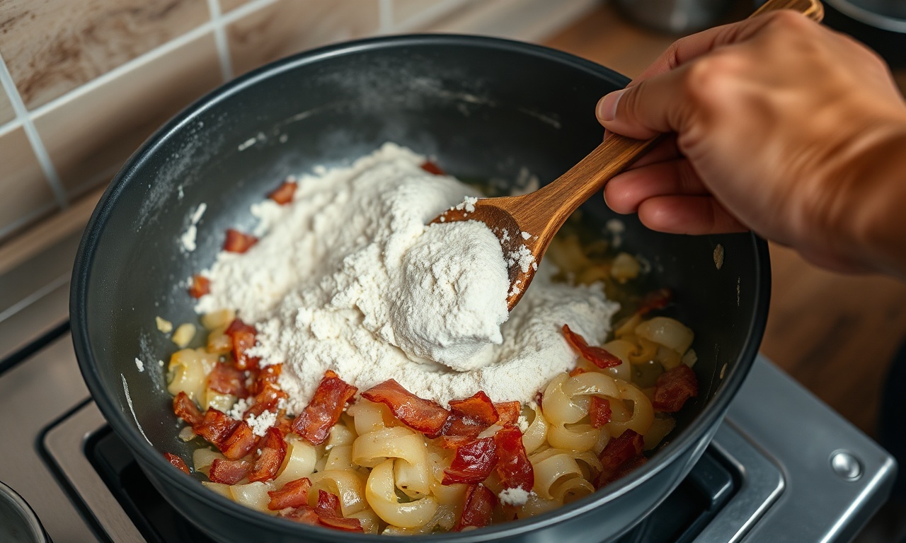 O momento de adicionar e mexer a farinha de mandioca no refogado quente de bacon e cebola.