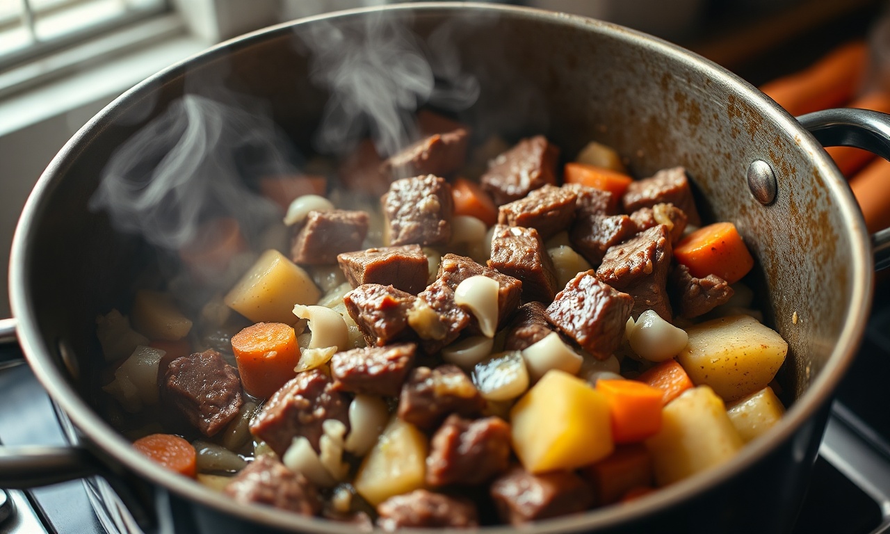 Sopa De Legumes Com Macarrão E Carne Fácil E Reconfortante 5 A etapa de refogar os legumes e dourar a carne na panela.
