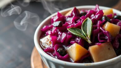 Acompanhamento vibrante de repolho roxo cozido lentamente com maçãs e ameixas, perfeito para carnes.