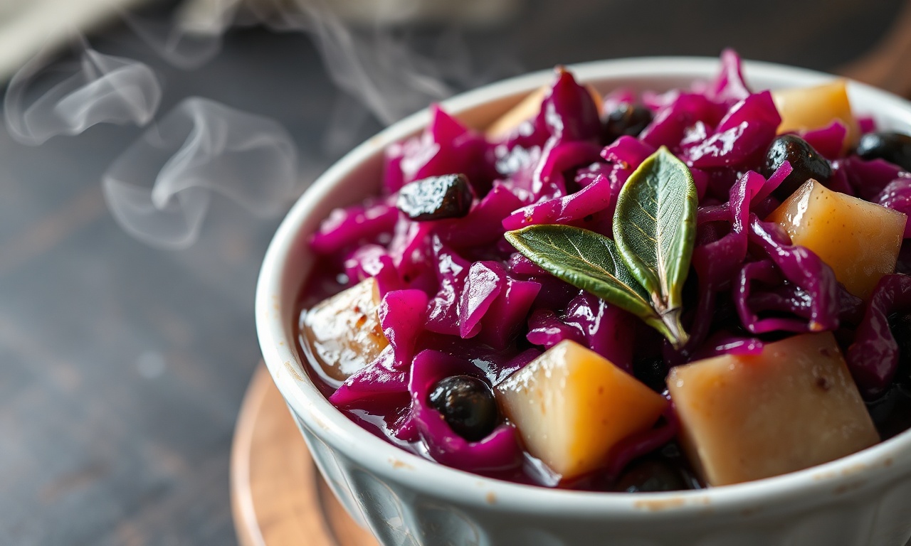 Acompanhamento vibrante de repolho roxo cozido lentamente com maçãs e ameixas, perfeito para carnes.