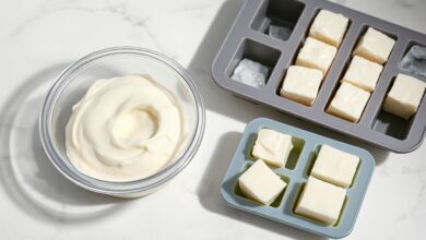 Como Congelar Requeijão Cremoso E Manter A Textura Perfeita 6 Pote de requeijão cremoso branco e homogêneo ao lado de forminhas de gelo com porções congeladas, sobre superfície de mármore.