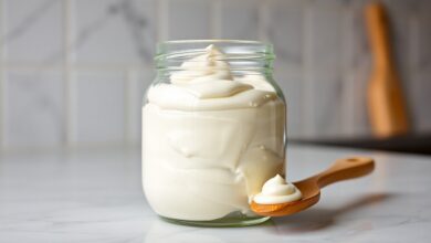 Um pote de vidro com requeijão cremoso homogêneo e brilhante, misturado com creme de leite, pronto para ir ao freezer.