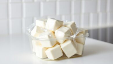Porções de ricota fresca e branca, cuidadosamente embaladas em filme plástico e guardadas dentro de um pote hermético, prontas para ir ao freezer.