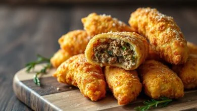 Risoles dourados e crocantes, com a casca uniforme e o recheio de carne à mostra em um corte.