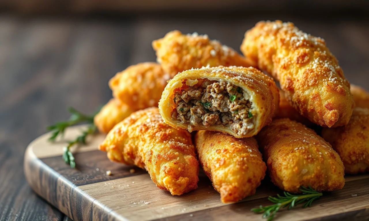 Risole De Carne Moída: Massa Elástica E Recheio Cremoso 3 Risoles dourados e crocantes, com a casca uniforme e o recheio de carne à mostra em um corte.