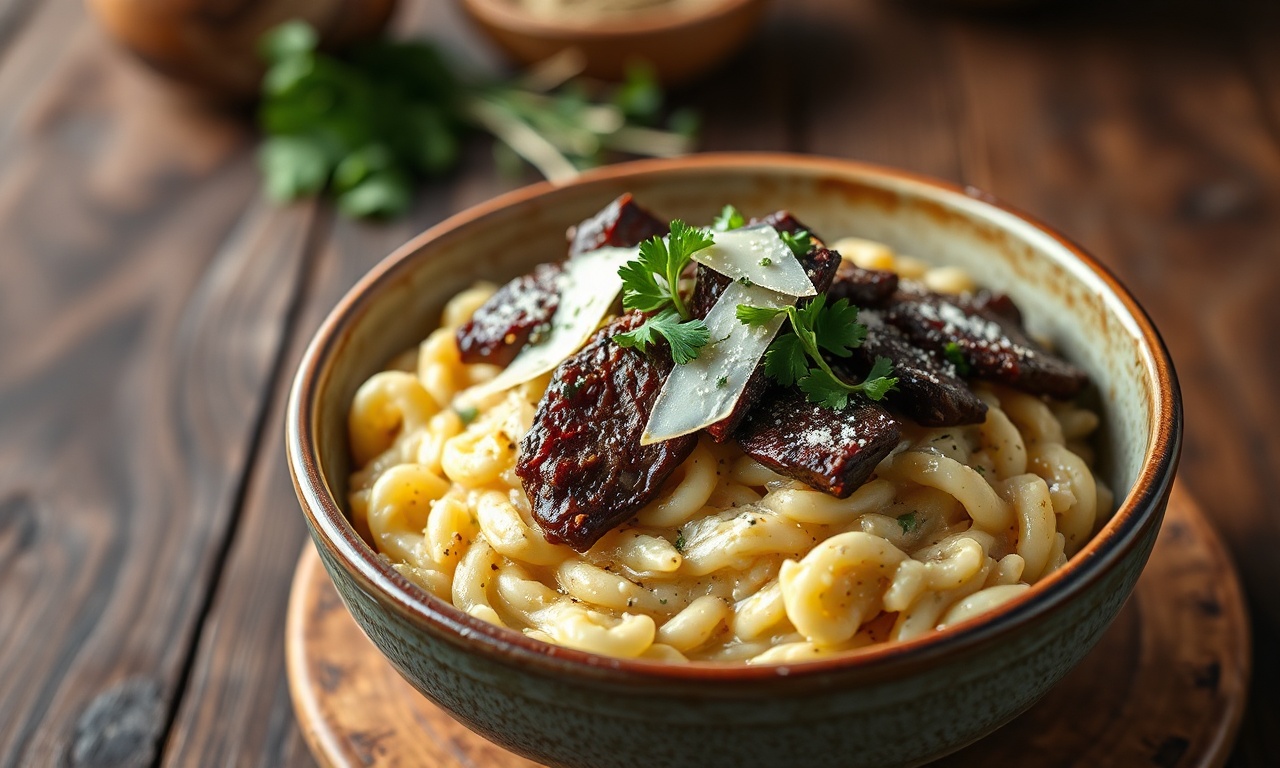 Um prato fundo de cerâmica com risoto perfeitamente cremoso e al dente, coberto por tiras de carne selada e dourada, lascas de parmesão e salsinha fresca.