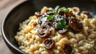 Prato de risoto cremoso com cogumelos dourados e brilho acetinado