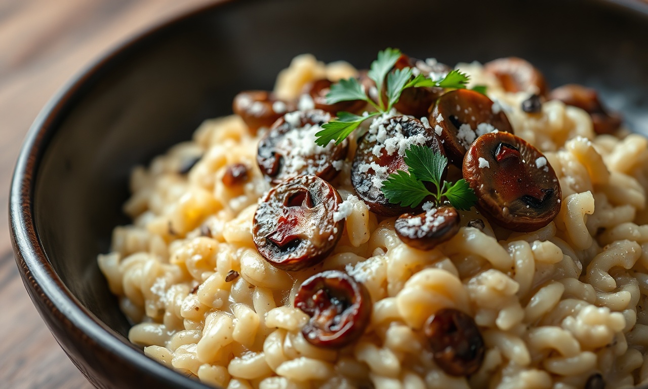 Risoto De Cogumelos: Segredo Italiano Para Máxima Cremosidade 3 Prato de risoto cremoso com cogumelos dourados e brilho acetinado