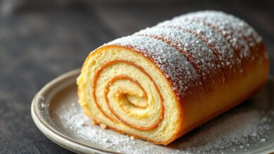 Um rocambole perfeitamente enrolado, com espiral uniforme e textura de esponja macia, polvilhado com açúcar de confeiteiro.