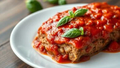 Fatia de rocambole de carne moída coberta por um molho de tomate encorpado e cremoso, com cores vibrantes e apetitosas.