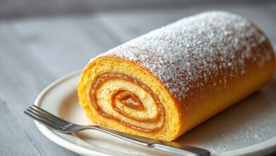 Um rocambole perfeitamente enrolado com massa amarela dourada e recheio generoso de doce de leite, fatiado e polvilhado com açúcar de confeiteiro.