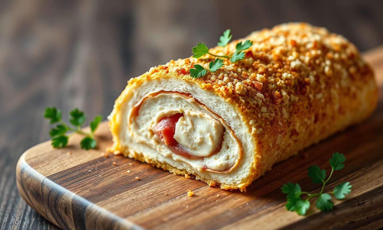 Rocambole De Frango Macio E Crocante: Receita Com Vapor 3 Rocambole de frango fatiado, com interior macio e recheio de queijo derretido, e casca dourada e crocante.