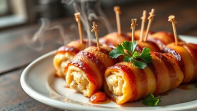 Rolinhos dourados e crocantes de frango envoltos em bacon, prontos para servir.
