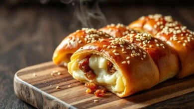 Rolinhos dourados e crocantes com recheio cremoso de linguiça cuiabana e brie derretido, perfeitos para um aperitivo sofisticado.