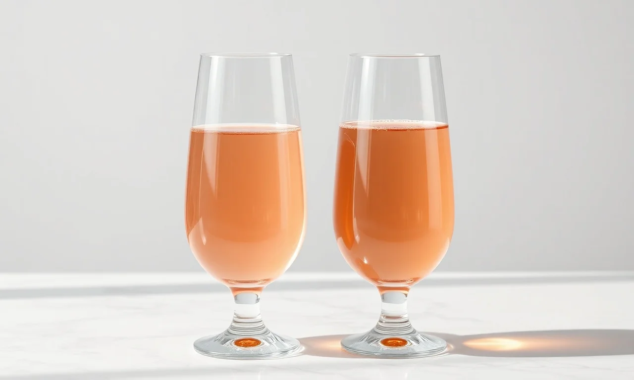 Duas taças de vinho rosé, uma com cor rosa pálido e outra com cor de cebola mais intensa.