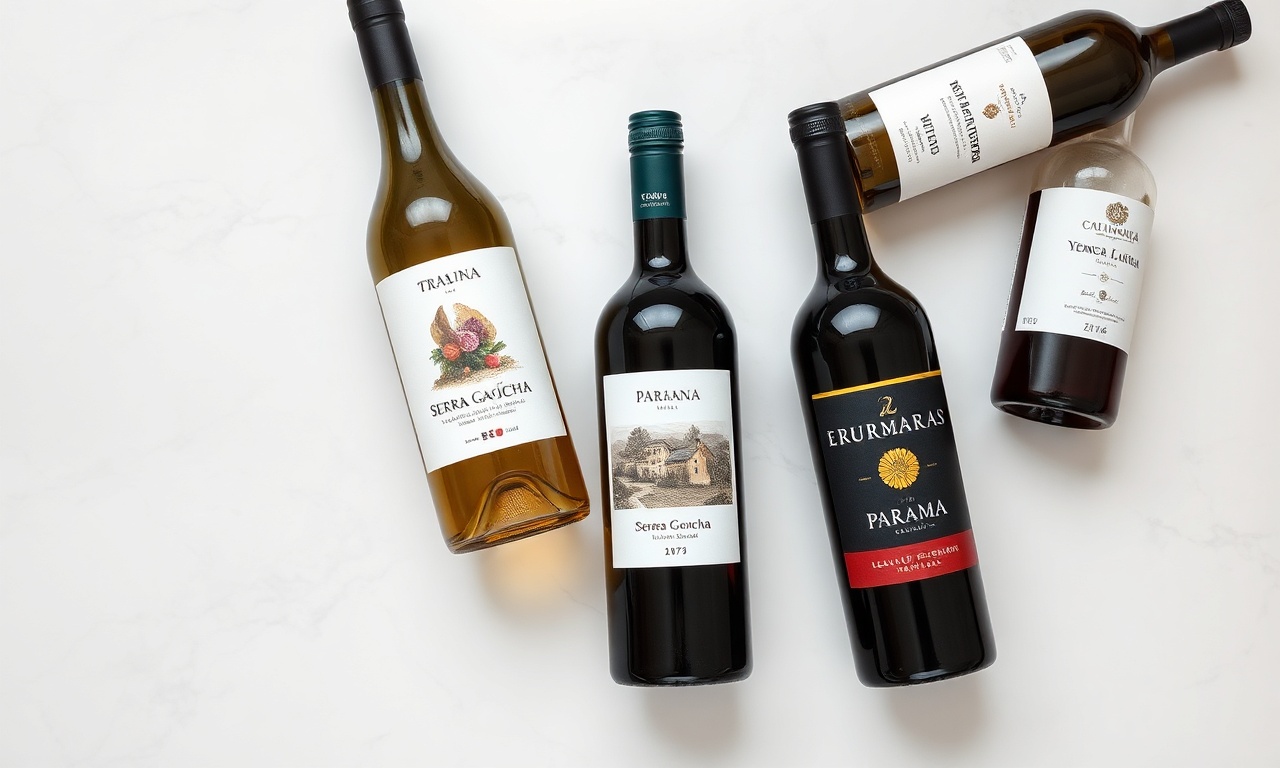 Vista de cima das garrafas de vinho com rótulos de diferentes regiões brasileiras visíveis.