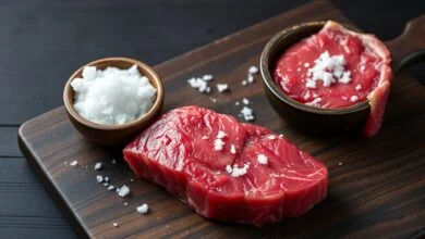 Dois potinhos de sal, um com grãos grandes e irregulares e outro com grãos médios, posicionados ao lado de uma picanha crua sobre uma tábua de madeira rústica.