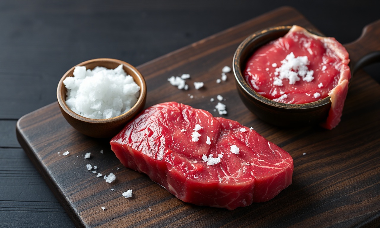 Sal Grosso Ou Sal De Parrilla: Qual Usar Para Churrasco Perfeito 3 Dois potinhos de sal, um com grãos grandes e irregulares e outro com grãos médios, posicionados ao lado de uma picanha crua sobre uma tábua de madeira rústica.